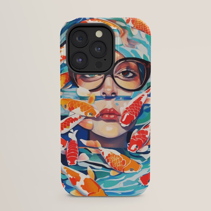 Point of View, Individuality Koi Fish Yoga Meditation, Woman Glasses Vision Concept, Fishpond Eclectic Vintage Painting iPhone Case Gallery Image 23