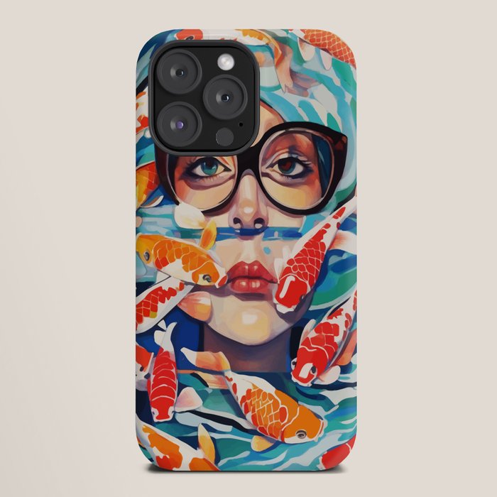 Point of View, Individuality Koi Fish Yoga Meditation, Woman Glasses Vision Concept, Fishpond Eclectic Vintage Painting iPhone Case Gallery Image 20