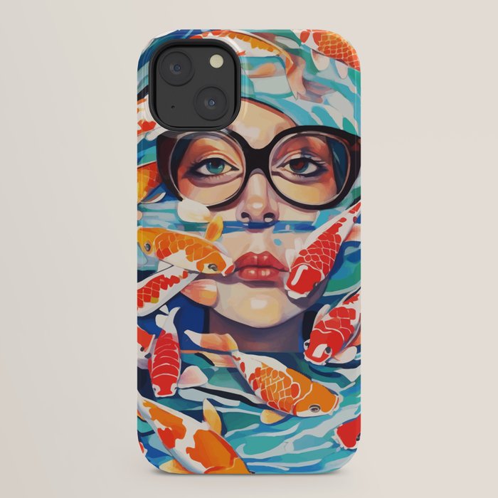 Point of View, Individuality Koi Fish Yoga Meditation, Woman Glasses Vision Concept, Fishpond Eclectic Vintage Painting iPhone Case Gallery Image 30