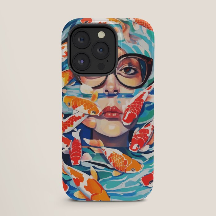 Point of View, Individuality Koi Fish Yoga Meditation, Woman Glasses Vision Concept, Fishpond Eclectic Vintage Painting iPhone Case Gallery Image 27