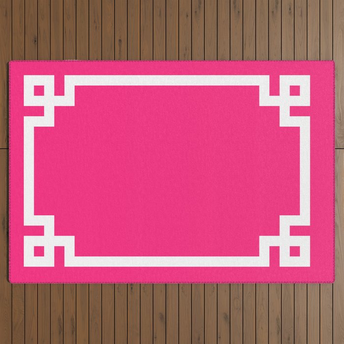Light Hot Pink and White Greek Key Outdoor Rug Gallery Image 3