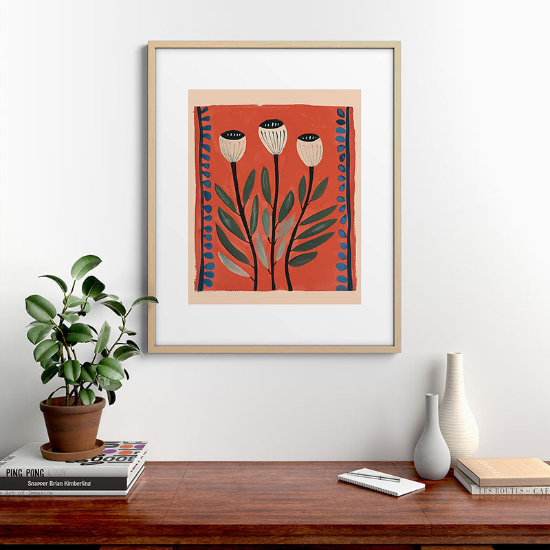 Terracotta Poppy Pod Folk Art Framed Art Print Gallery Image 21