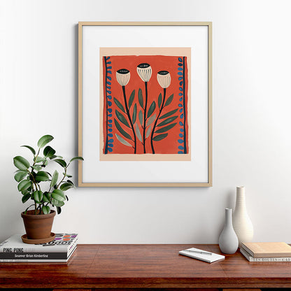 Terracotta Poppy Pod Folk Art Framed Art Print Gallery Image 21