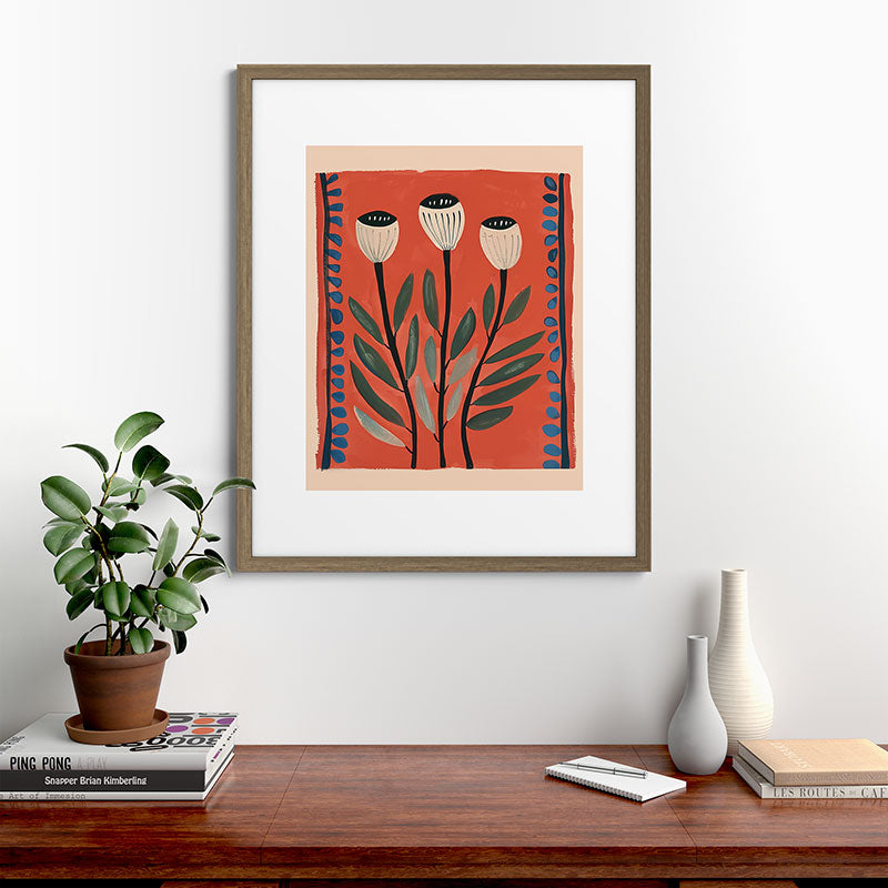 Terracotta Poppy Pod Folk Art Framed Art Print Gallery Image 42