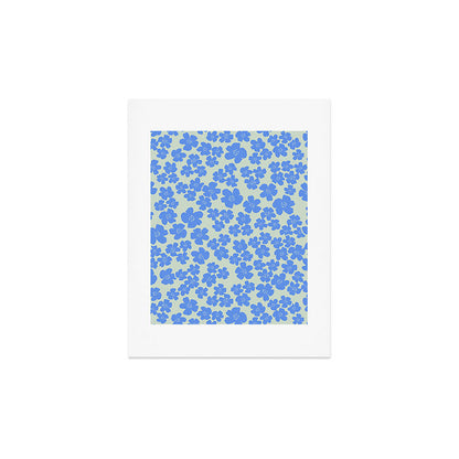 Blue flower blossom scatter on soft green Art Print Gallery Image 3