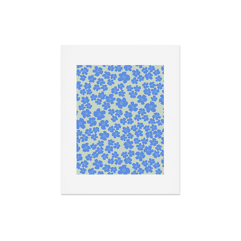 Blue flower blossom scatter on soft green Art Print Gallery Image 6