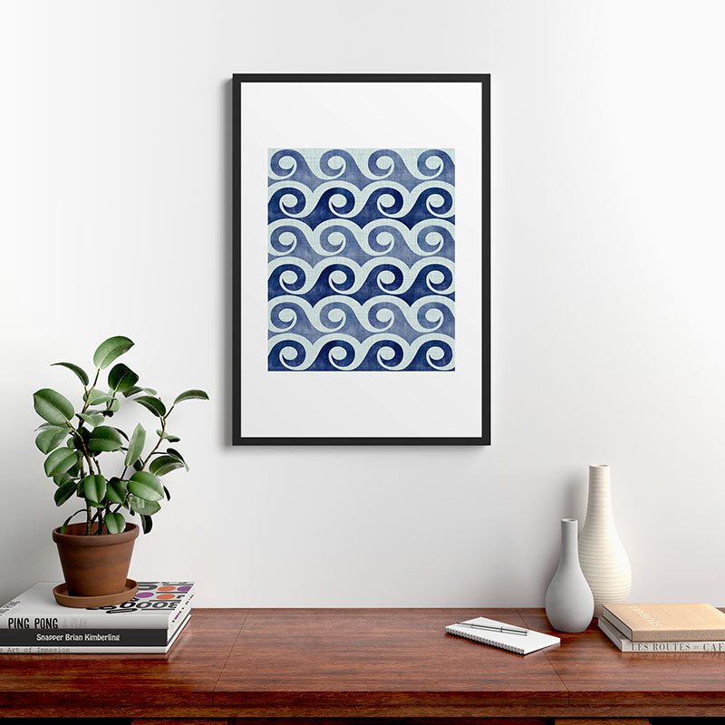Indigo Geometric Beach Waves Framed Art Print Gallery Image 8