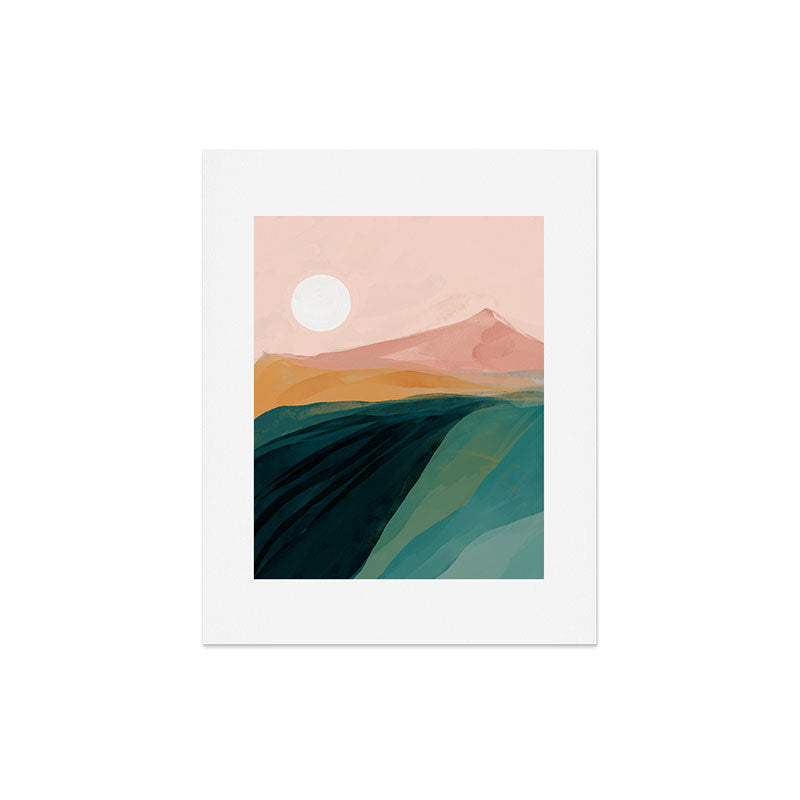 pink, green, gold moon watercolor mountains Art Print Gallery Image 7