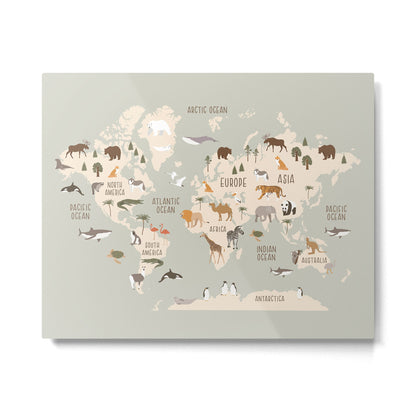 Kids world map with animals in green Metal Print Gallery Image 4