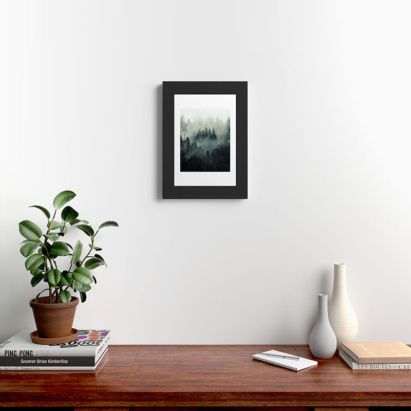Green misty mountain pine forest in cloudy and rainy - vintage style photo Framed Art Print Gallery Image 42