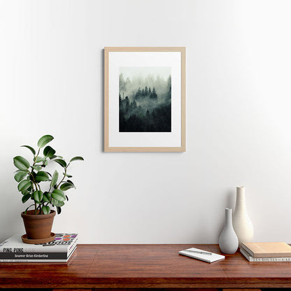 Green misty mountain pine forest in cloudy and rainy - vintage style photo Framed Art Print Gallery Image 64