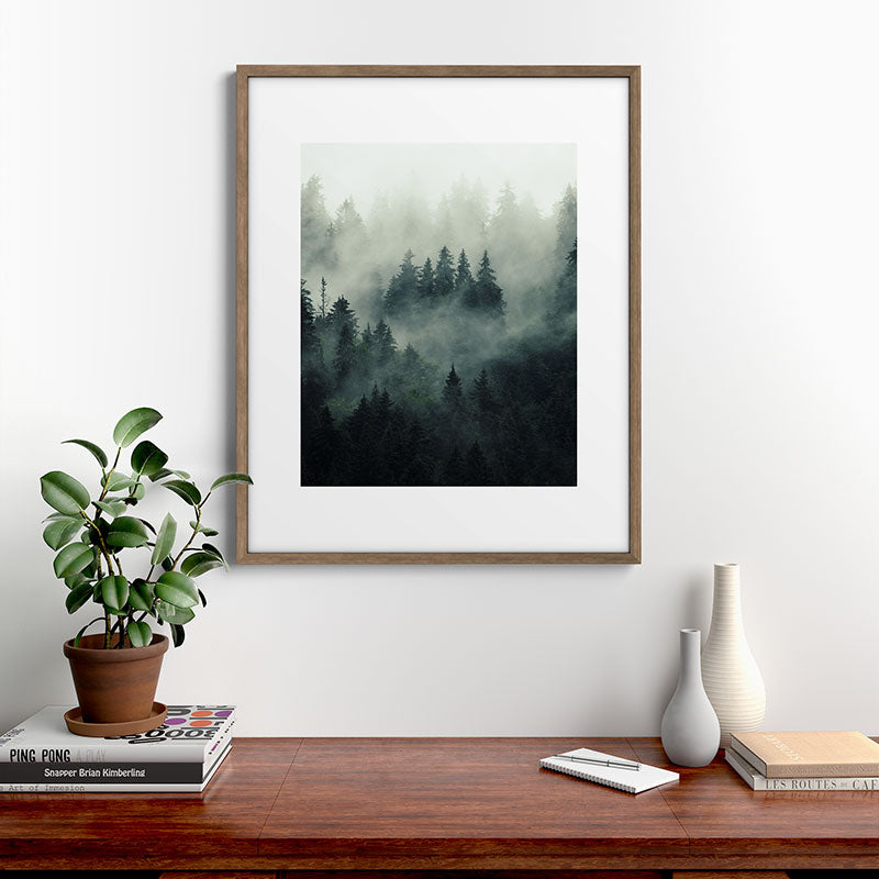 Green misty mountain pine forest in cloudy and rainy - vintage style photo Framed Art Print Gallery Image 19