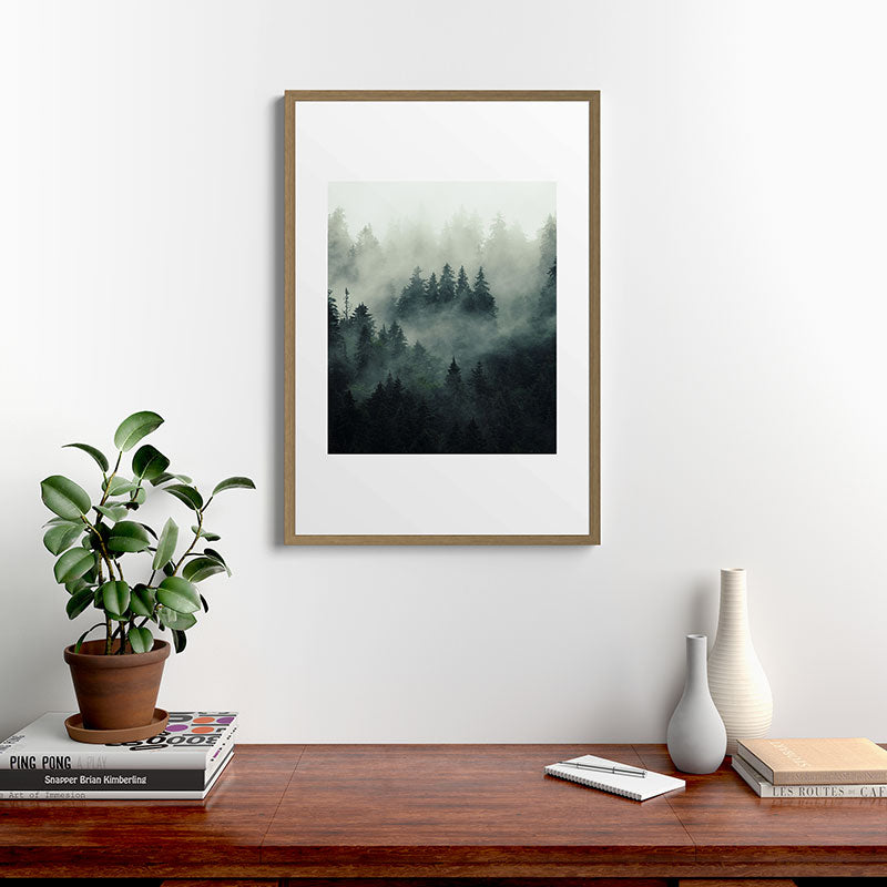 Green misty mountain pine forest in cloudy and rainy - vintage style photo Framed Art Print Gallery Image 18