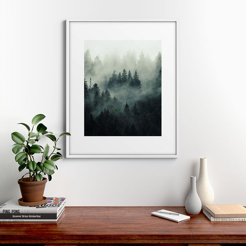 Green misty mountain pine forest in cloudy and rainy - vintage style photo Framed Art Print Gallery Image 39
