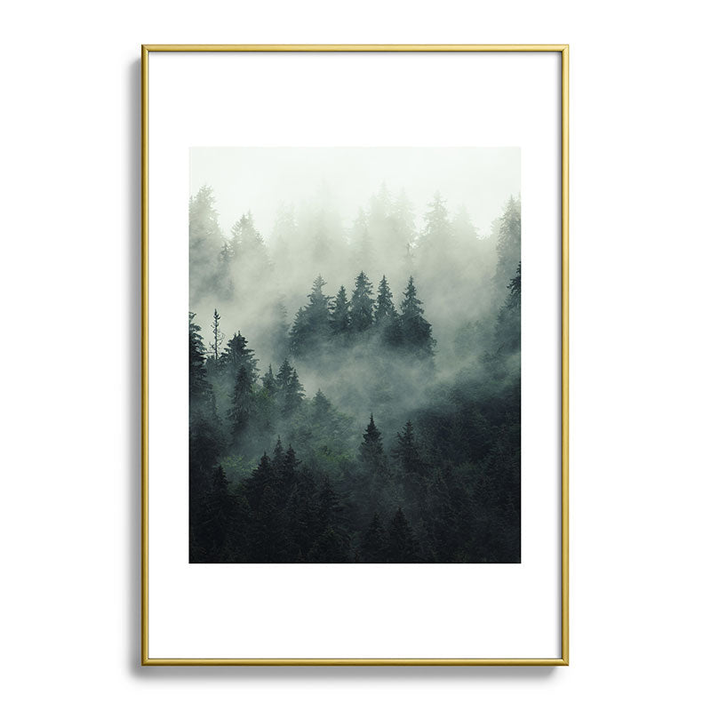 Green misty mountain pine forest in cloudy and rainy - vintage style photo Framed Art Print Gallery Image 123