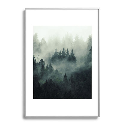 Green misty mountain pine forest in cloudy and rainy - vintage style photo Framed Art Print Gallery Image 132