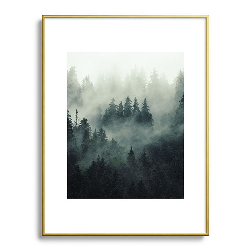Green misty mountain pine forest in cloudy and rainy - vintage style photo Framed Art Print Gallery Image 125