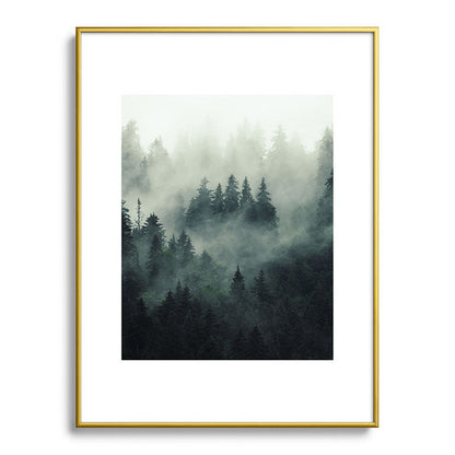 Green misty mountain pine forest in cloudy and rainy - vintage style photo Framed Art Print Gallery Image 125
