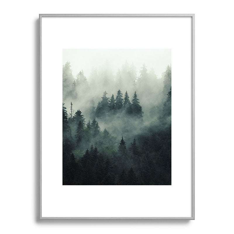 Green misty mountain pine forest in cloudy and rainy - vintage style photo Framed Art Print Gallery Image 135