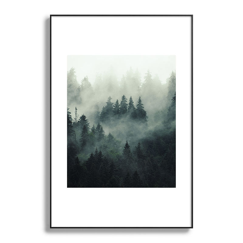 Green misty mountain pine forest in cloudy and rainy - vintage style photo Framed Art Print Gallery Image 117