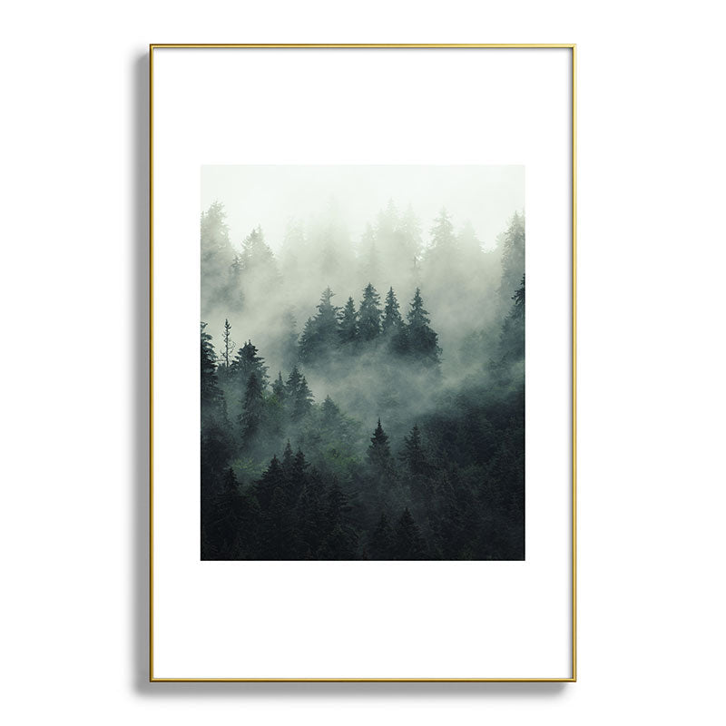 Green misty mountain pine forest in cloudy and rainy - vintage style photo Framed Art Print Gallery Image 127