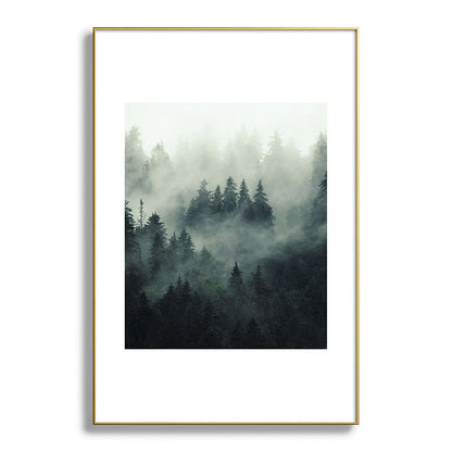 Green misty mountain pine forest in cloudy and rainy - vintage style photo Framed Art Print Gallery Image 127