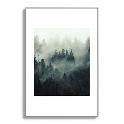 Green misty mountain pine forest in cloudy and rainy - vintage style photo Framed Art Print Gallery Image 137