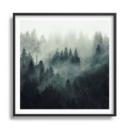Green misty mountain pine forest in cloudy and rainy - vintage style photo Framed Art Print Gallery Image 122
