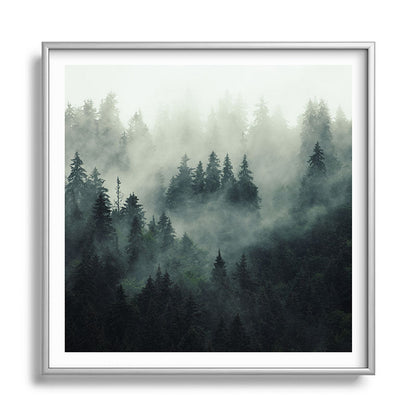 Green misty mountain pine forest in cloudy and rainy - vintage style photo Framed Art Print Gallery Image 140