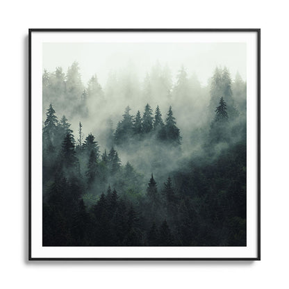 Green misty mountain pine forest in cloudy and rainy - vintage style photo Framed Art Print Gallery Image 126