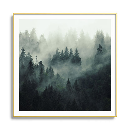 Green misty mountain pine forest in cloudy and rainy - vintage style photo Framed Art Print Gallery Image 136