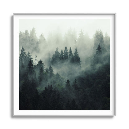 Green misty mountain pine forest in cloudy and rainy - vintage style photo Framed Art Print Gallery Image 141