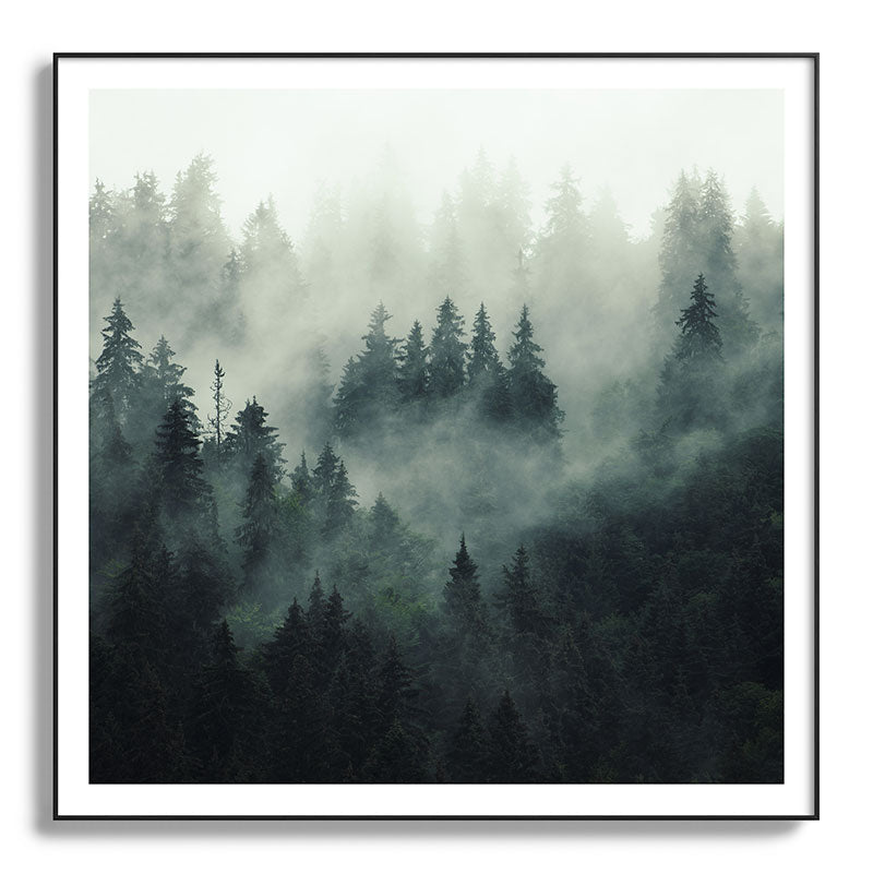 Green misty mountain pine forest in cloudy and rainy - vintage style photo Framed Art Print Gallery Image 130
