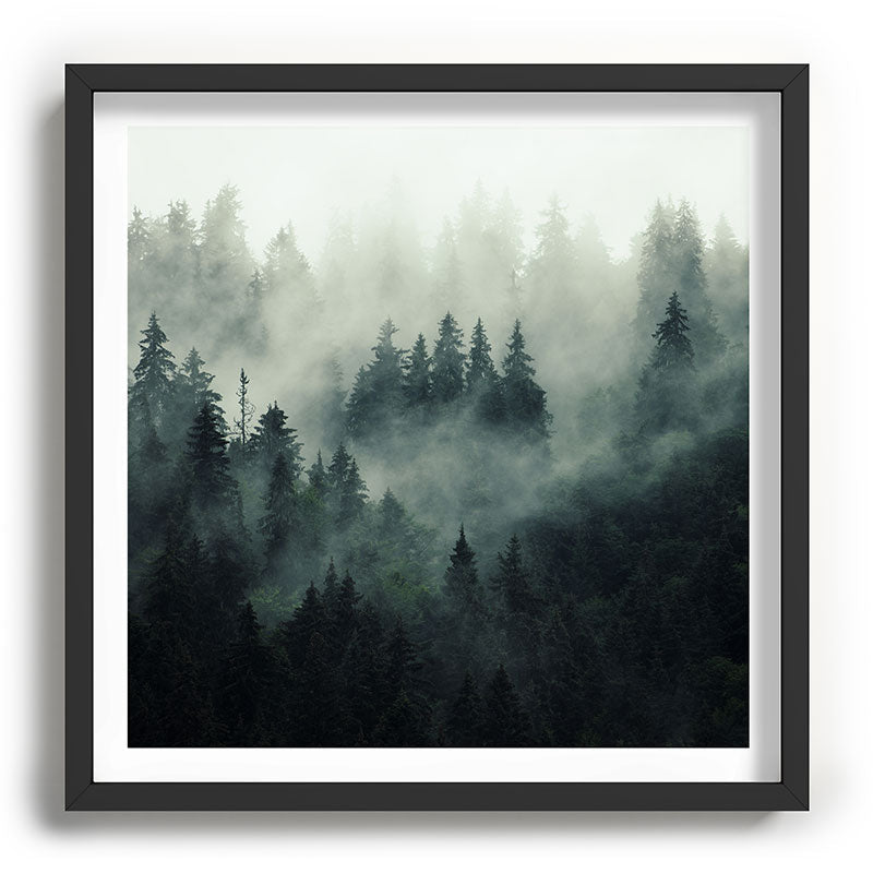 Green misty mountain pine forest in cloudy and rainy - vintage style photo Framed Art Print Gallery Image 93