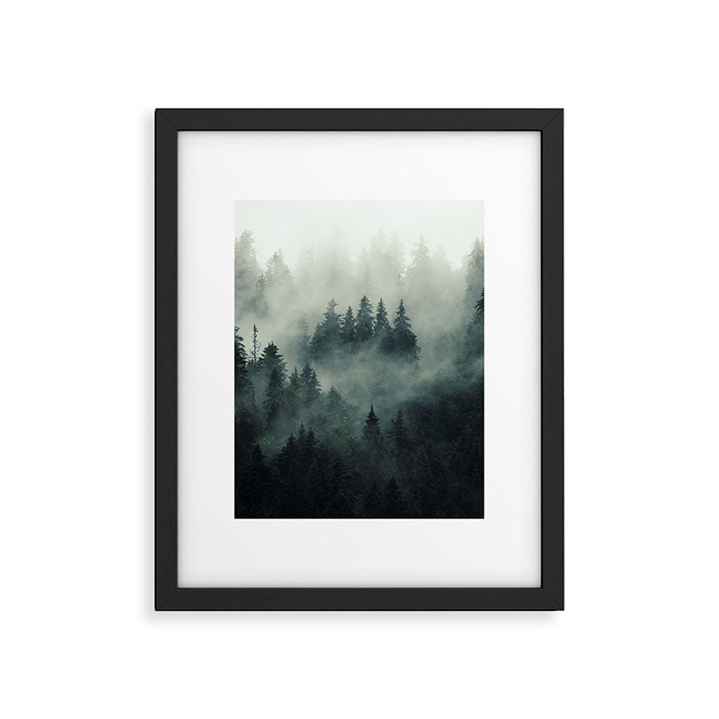 Green misty mountain pine forest in cloudy and rainy - vintage style photo Framed Art Print Gallery Image 1