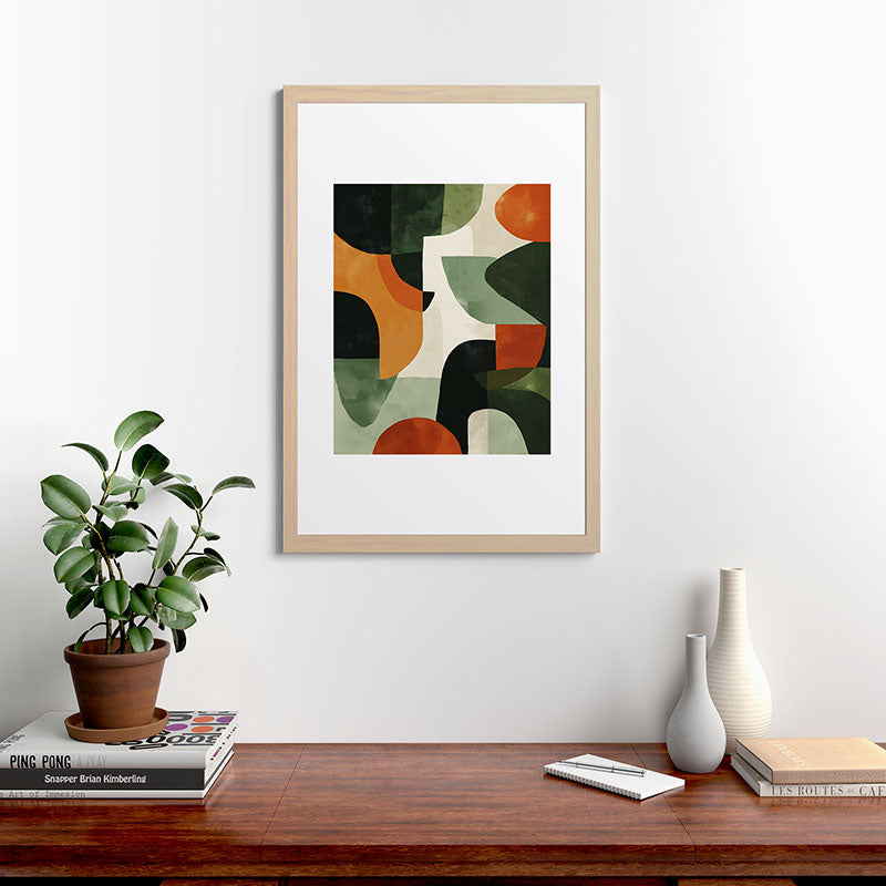 Earthy Mid-Century Abstract Composition in Olive, Rust, and Charcoal Tones Framed Art Print Gallery Image 48