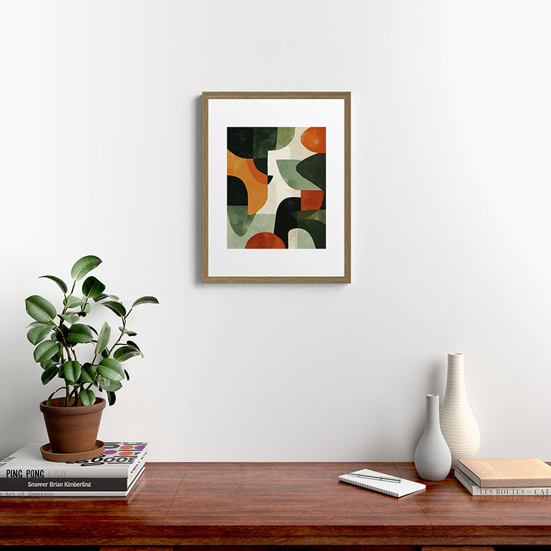 Earthy Mid-Century Abstract Composition in Olive, Rust, and Charcoal Tones Framed Art Print Gallery Image 12
