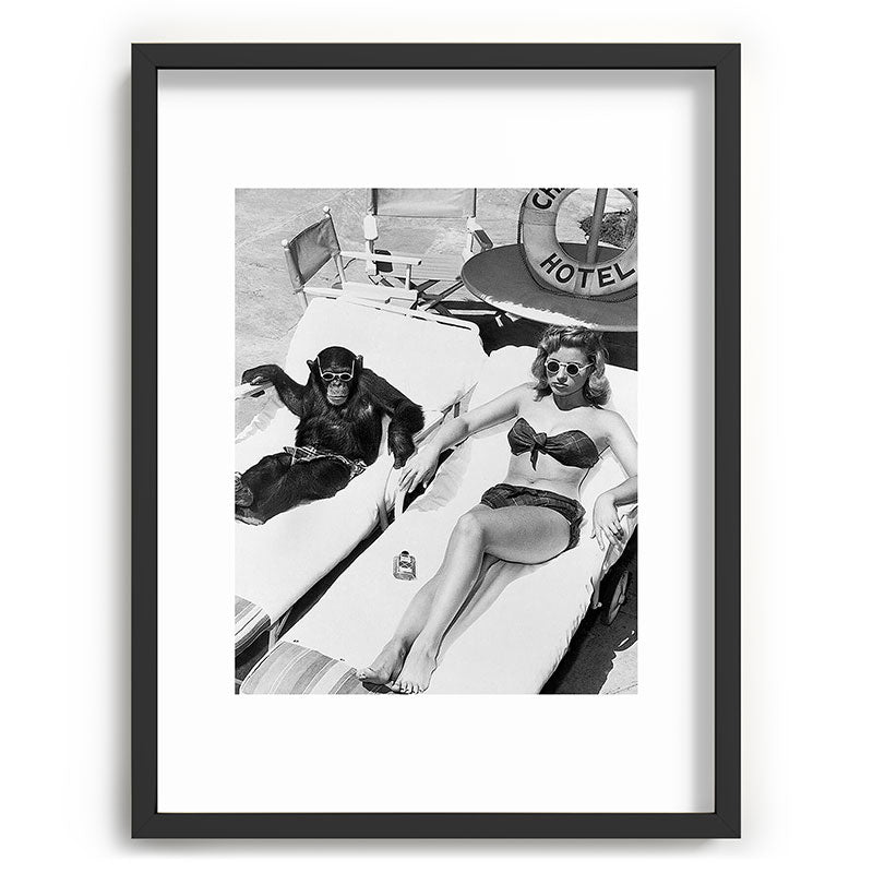 Lady and Chimp Sunbathing, Black and White, Vintage Art Framed Art Print Gallery Image 61